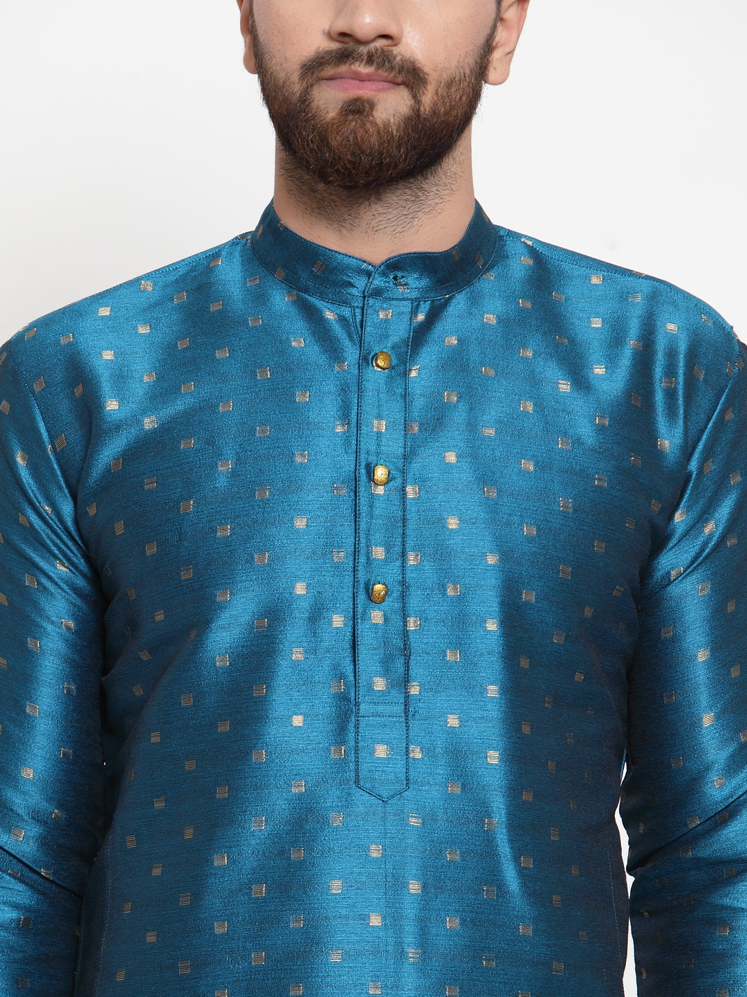 Sky Blue Woven Indian Kurta for Men - Cotton Mens Kurta