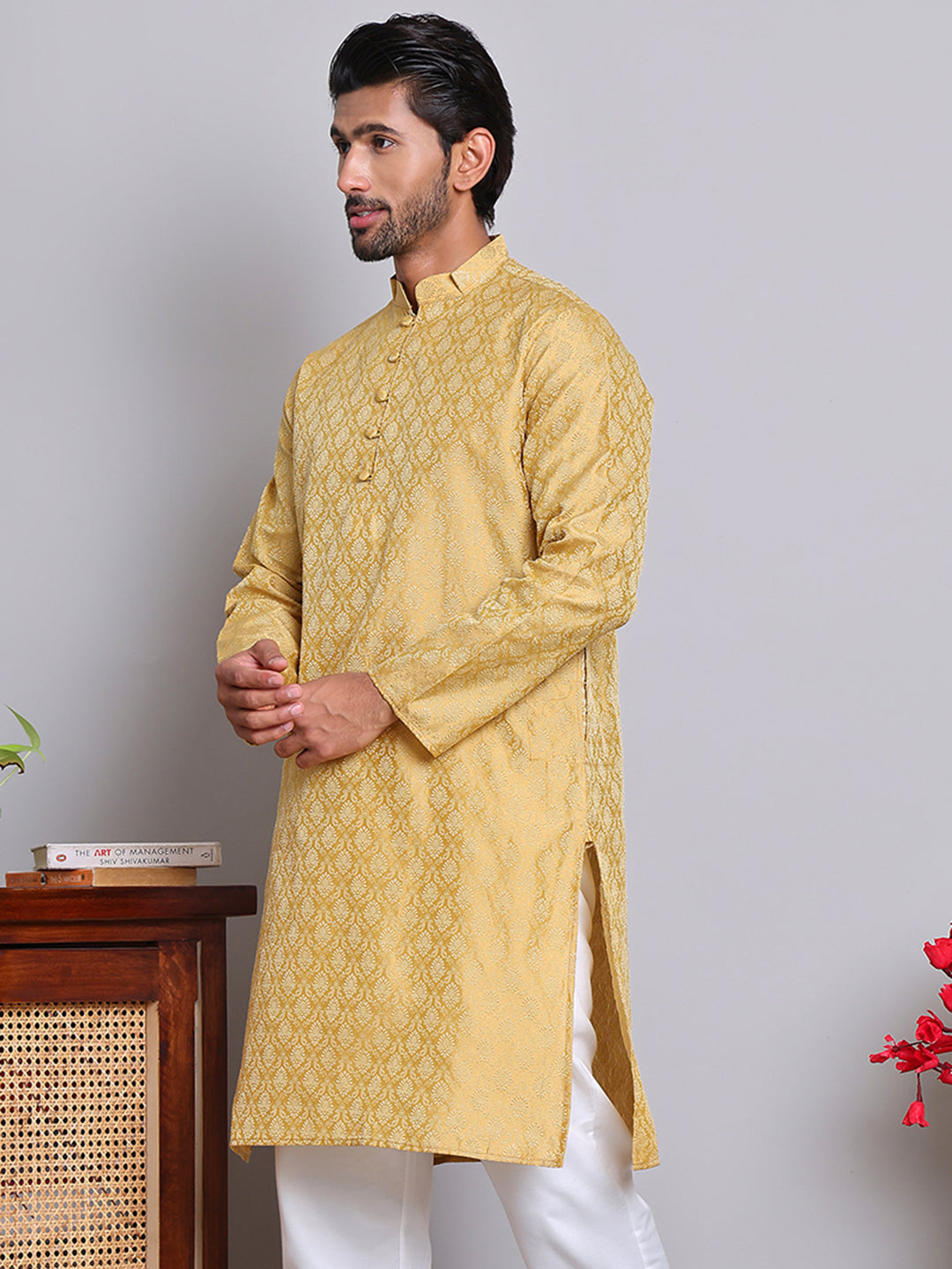 DesiQlo Men Woven Design Kurta Pyjama Set - Gold - JOKP_P_568Golden_S
