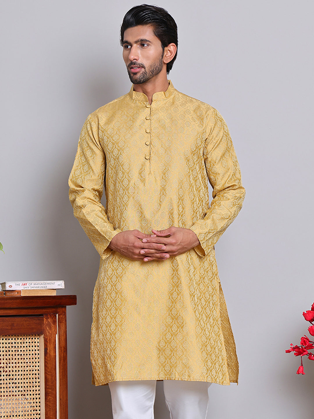 DesiQlo Men Woven Design Kurta Pyjama Set - Gold - JOKP_P_568Golden_S