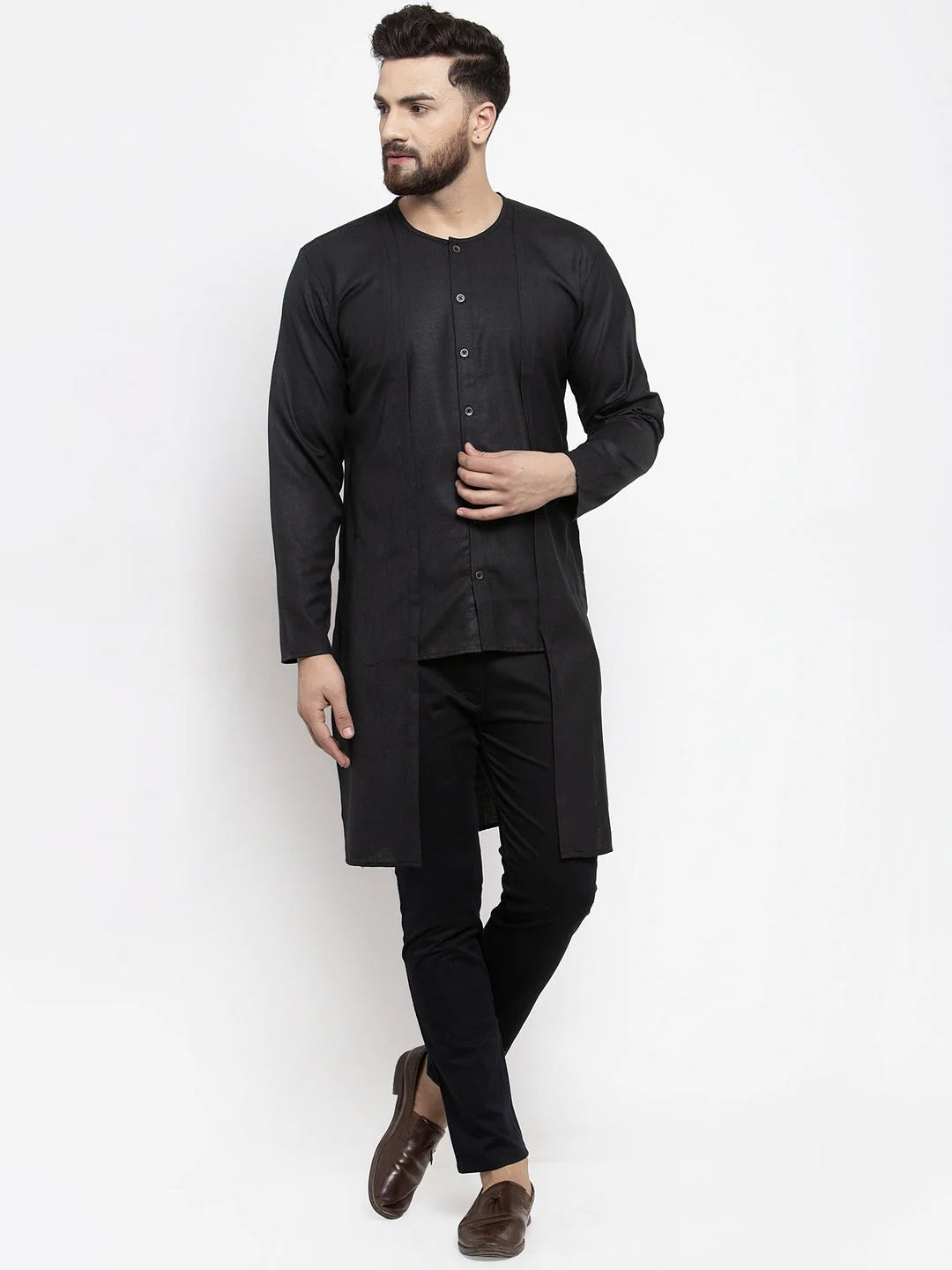 Black Mens Kurta - Solid Cotton Indian Kurta for Men