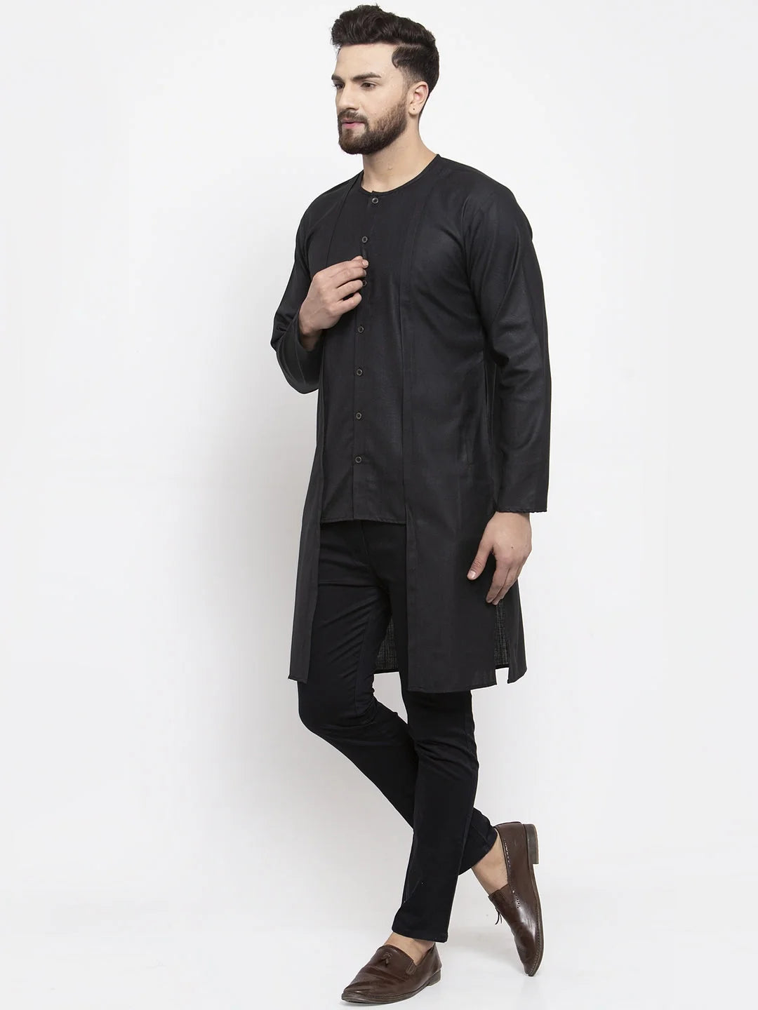 Black Mens Kurta - Solid Cotton Indian Kurta for Men