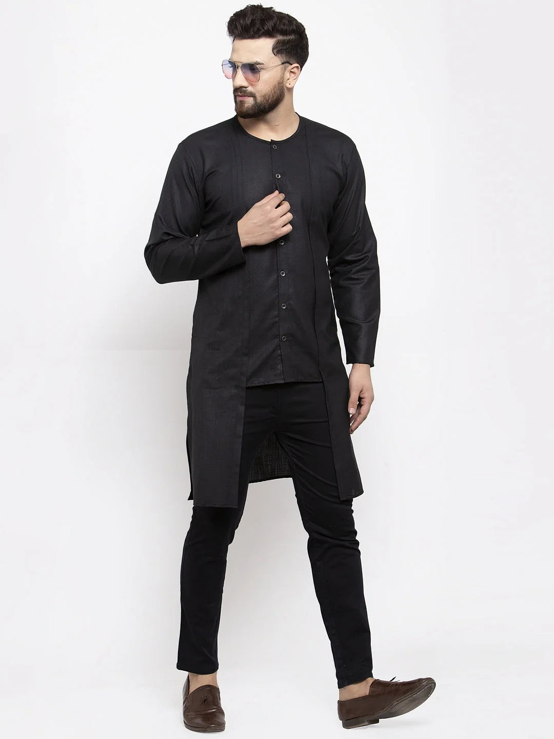 Black Mens Kurta - Solid Cotton Indian Kurta for Men
