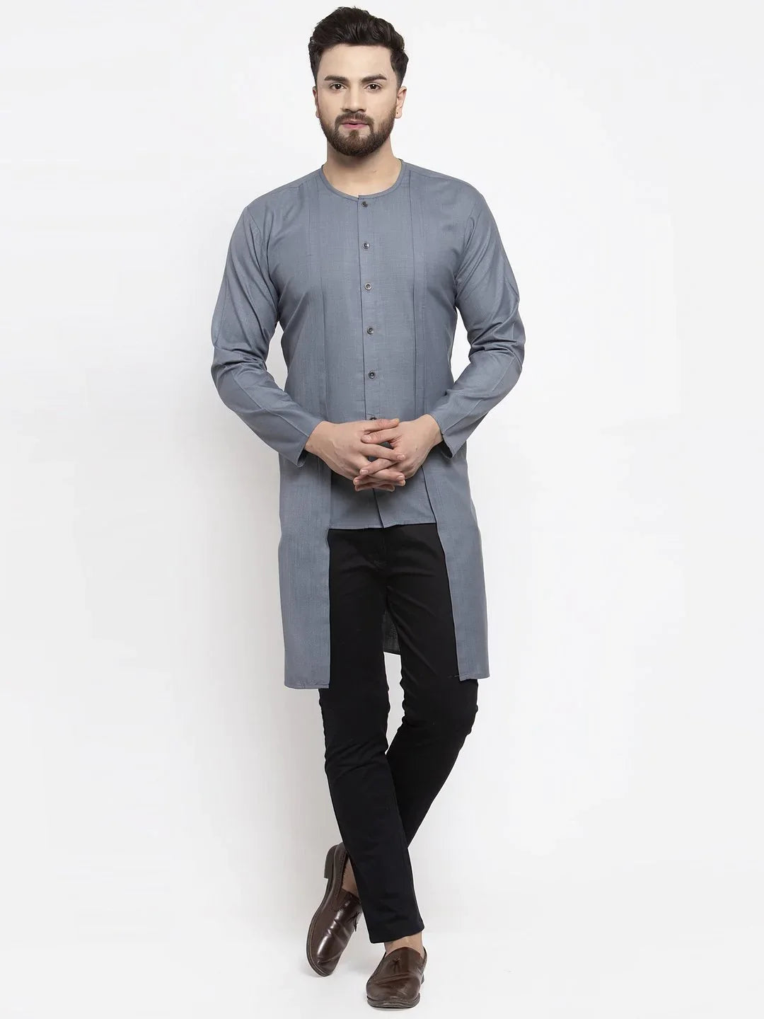 Grey Solid High-Low Mens Kurta | Indian Kurta for Men