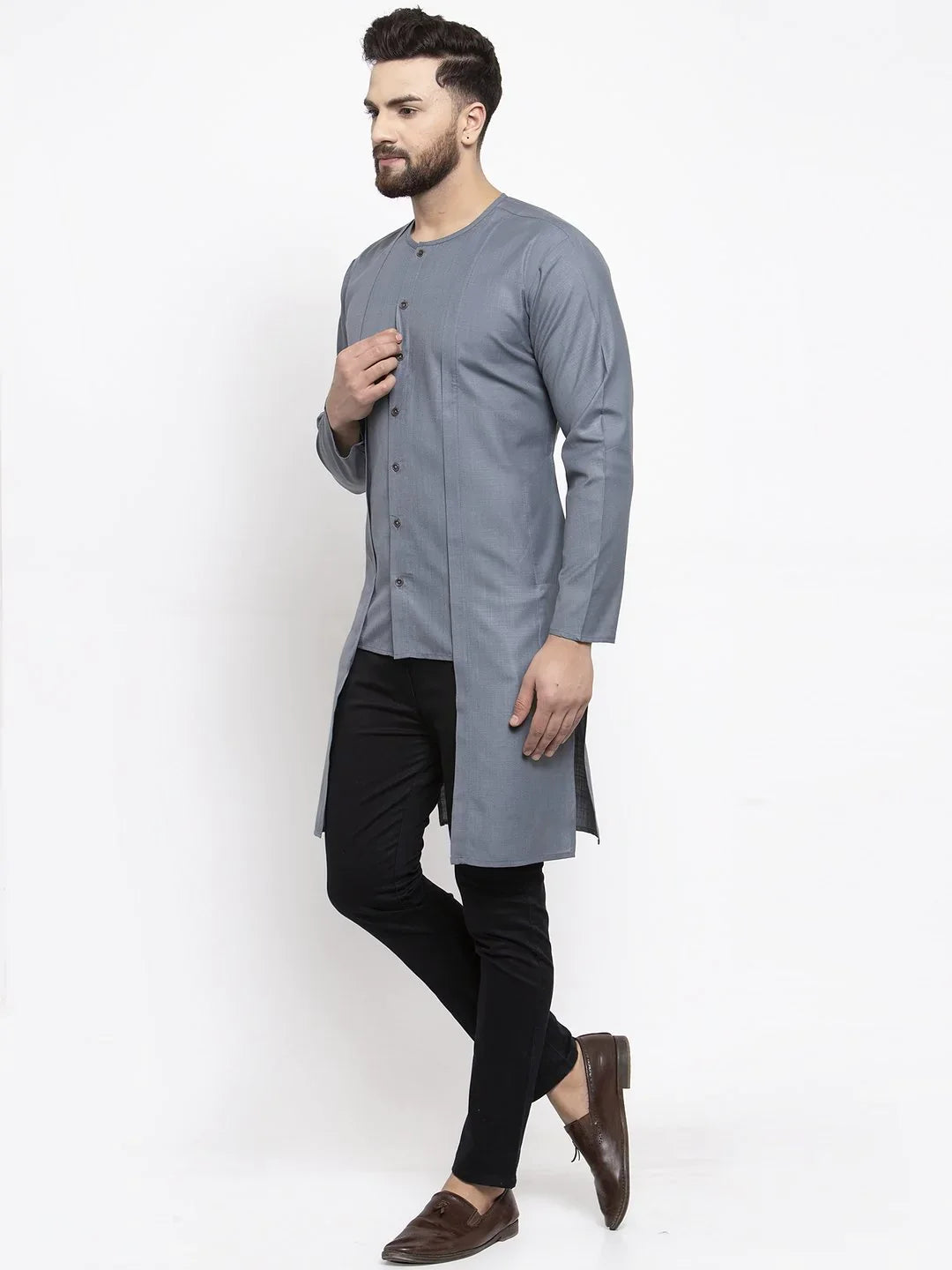 Grey Solid High-Low Mens Kurta | Indian Kurta for Men