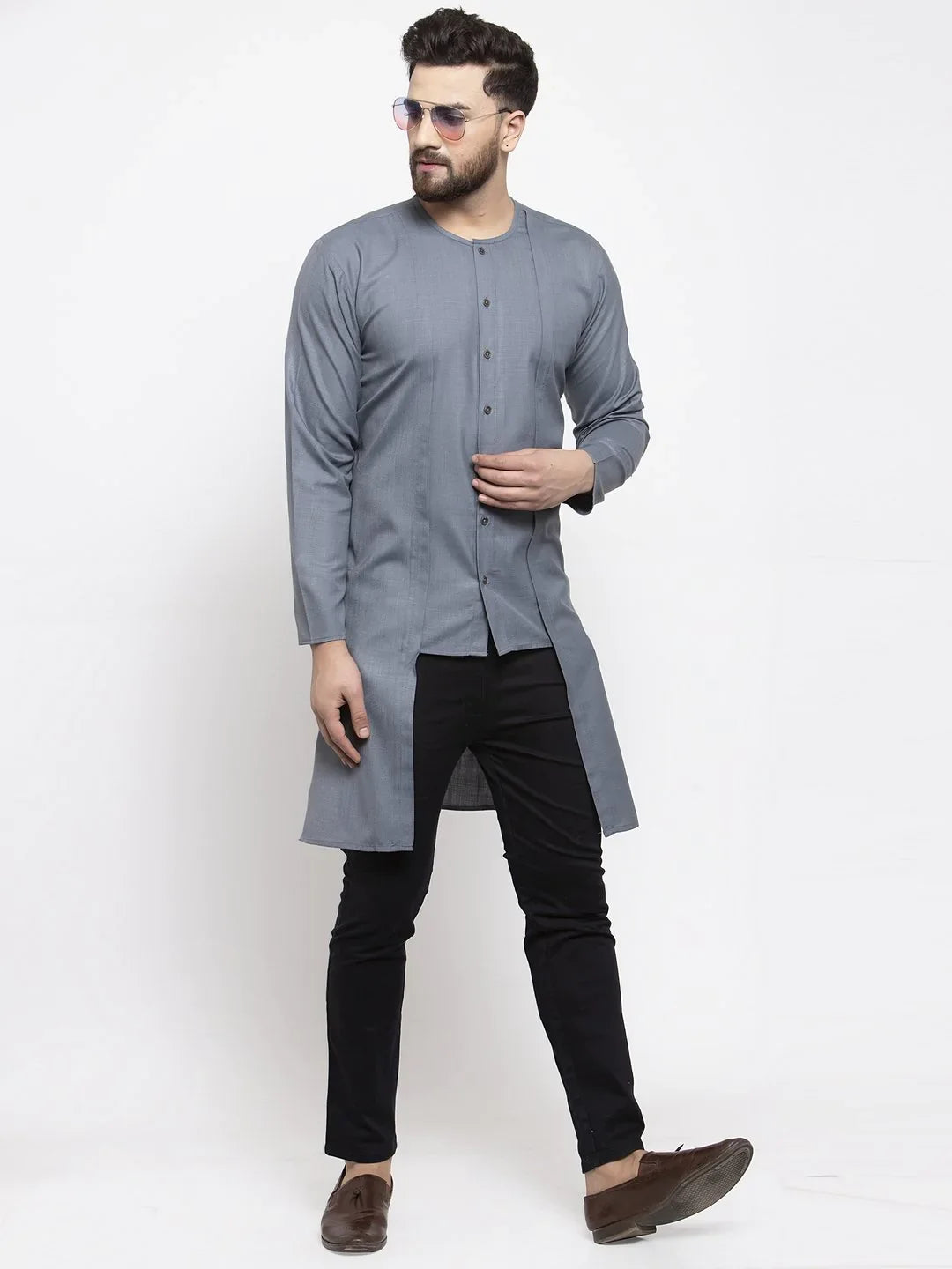 Grey Solid High-Low Mens Kurta | Indian Kurta for Men