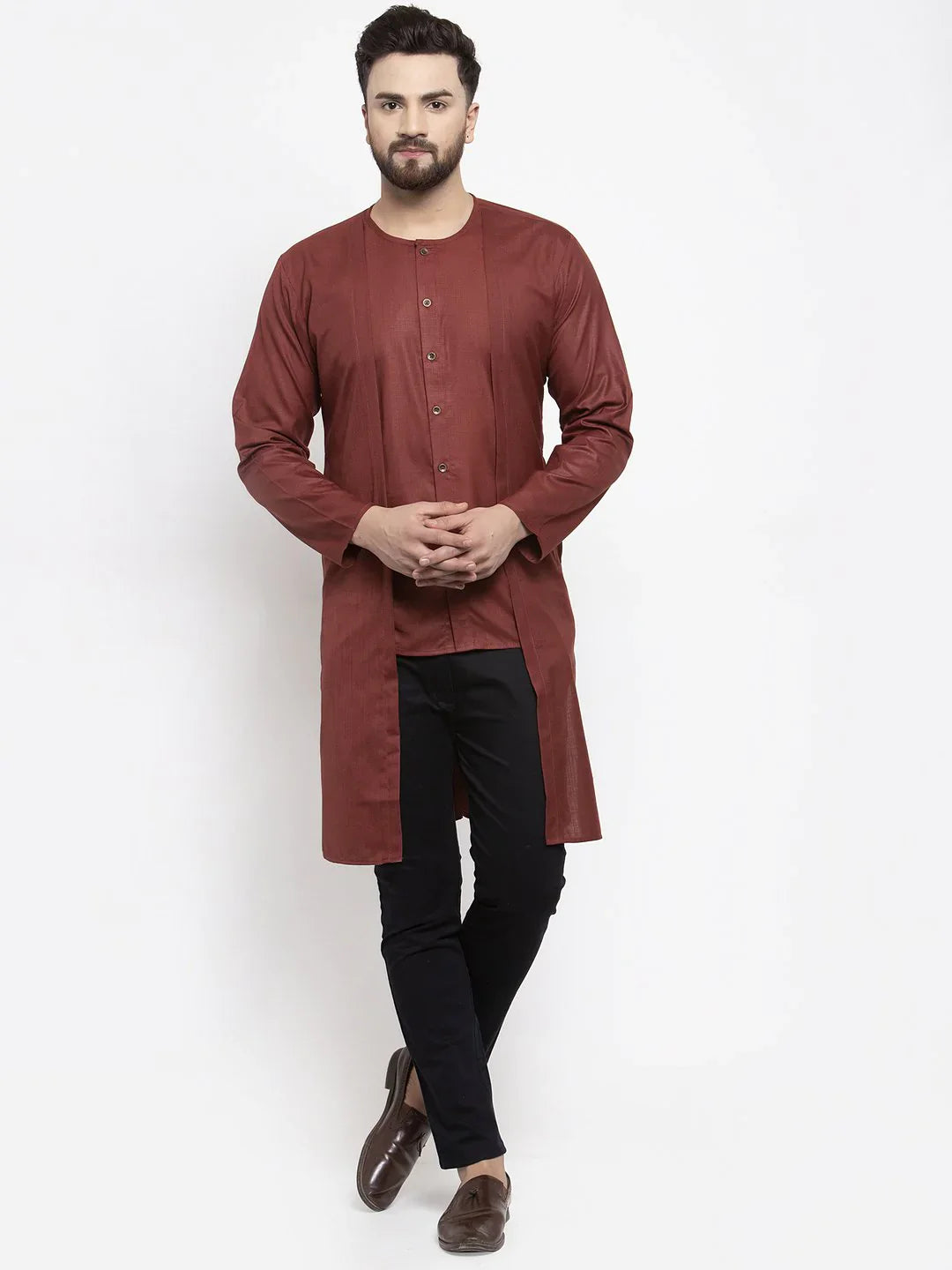 Maroon Solid High-Low Mens Kurta | Wedding Kurta for Men