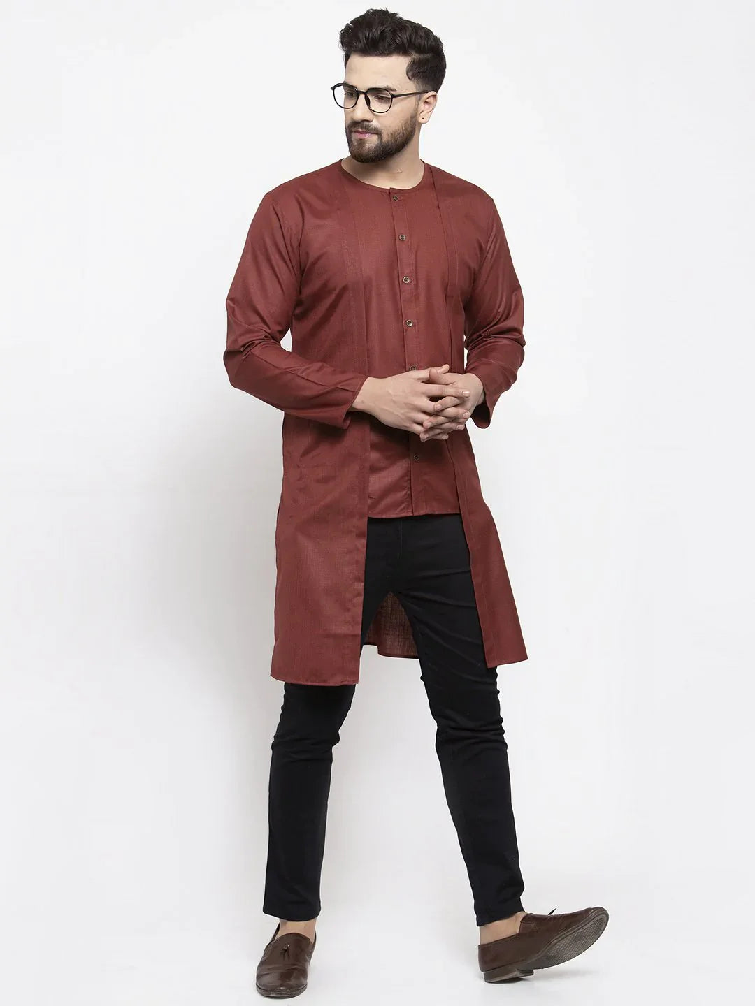 Maroon Solid High-Low Mens Kurta | Wedding Kurta for Men