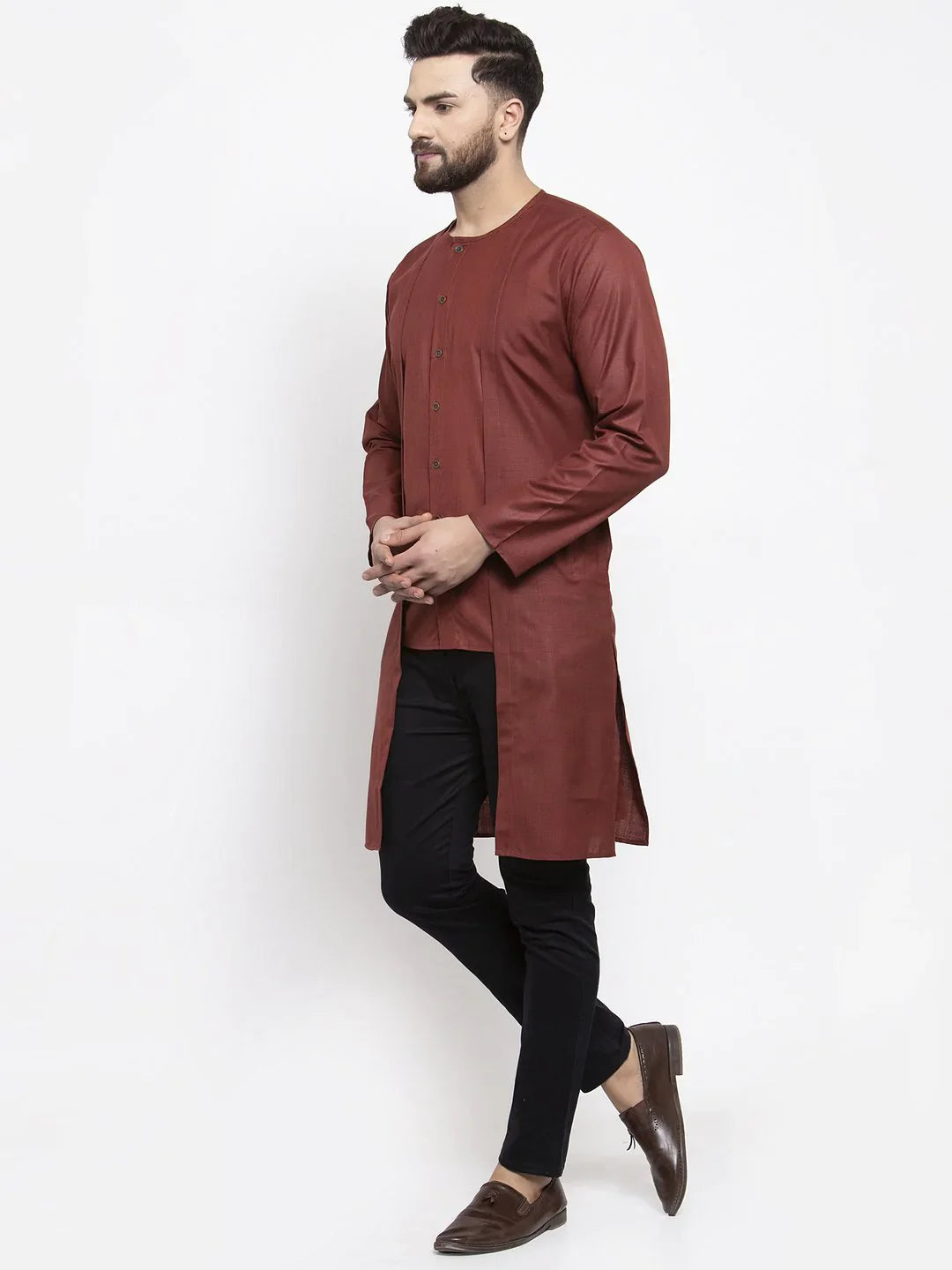 Maroon Solid High-Low Mens Kurta | Wedding Kurta for Men