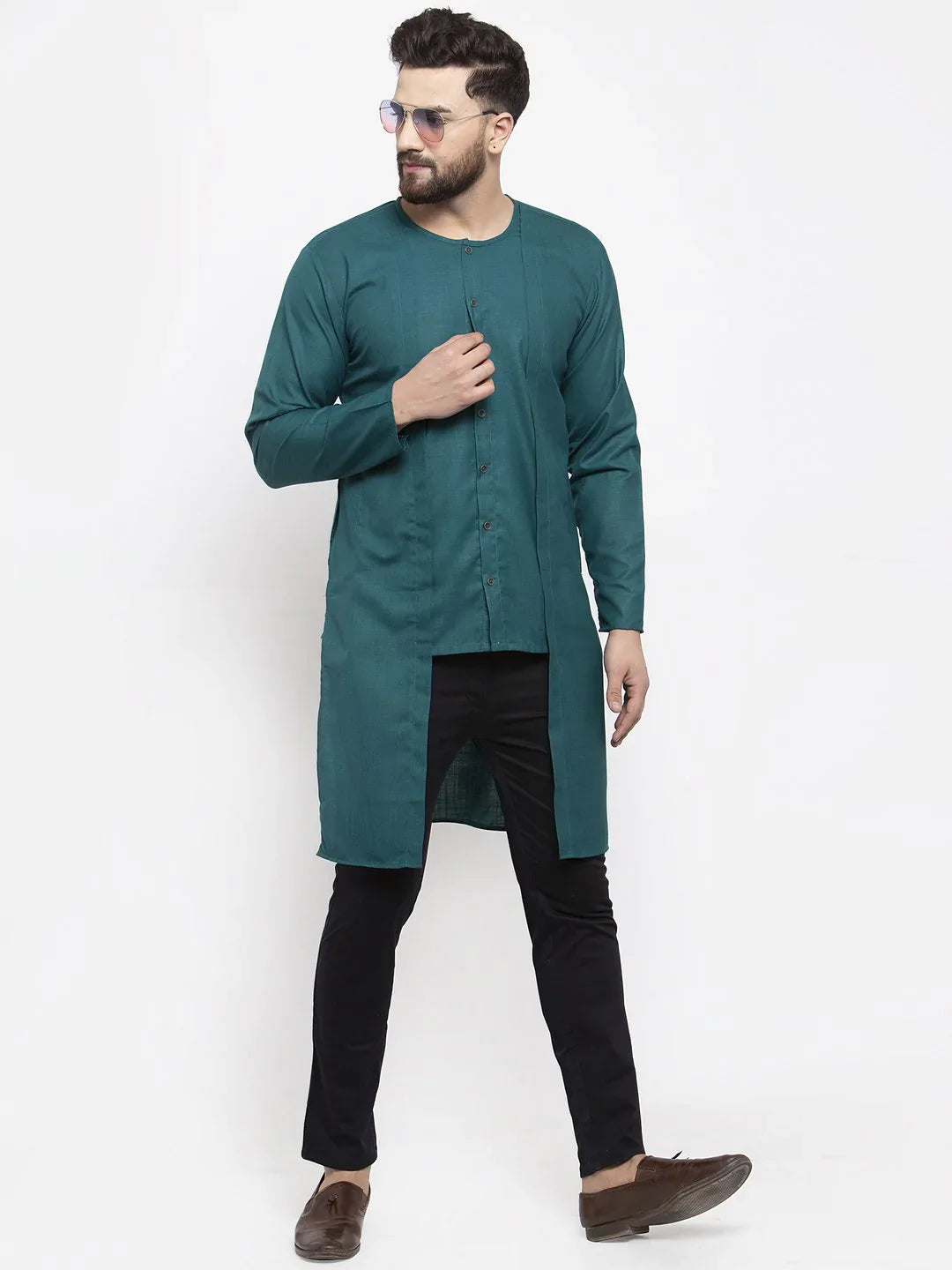 Teal Solid High-Low Mens Kurta | Stylish Indian Kurta for Men