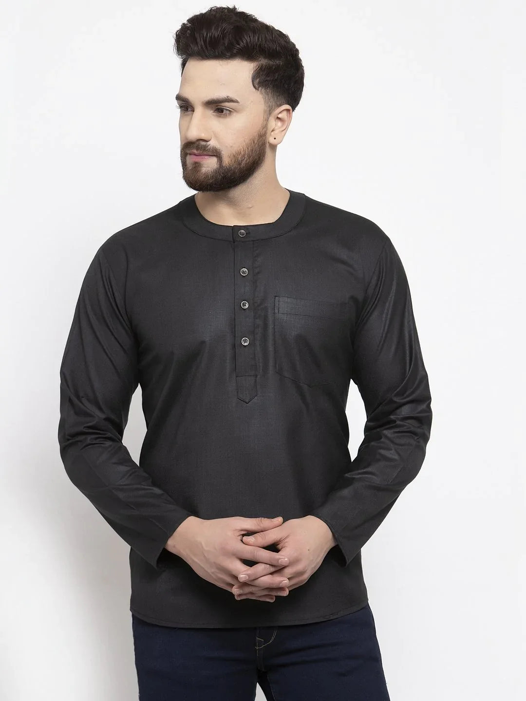 Black Cotton Mens Kurta - Straight Short Indian Kurta for Men