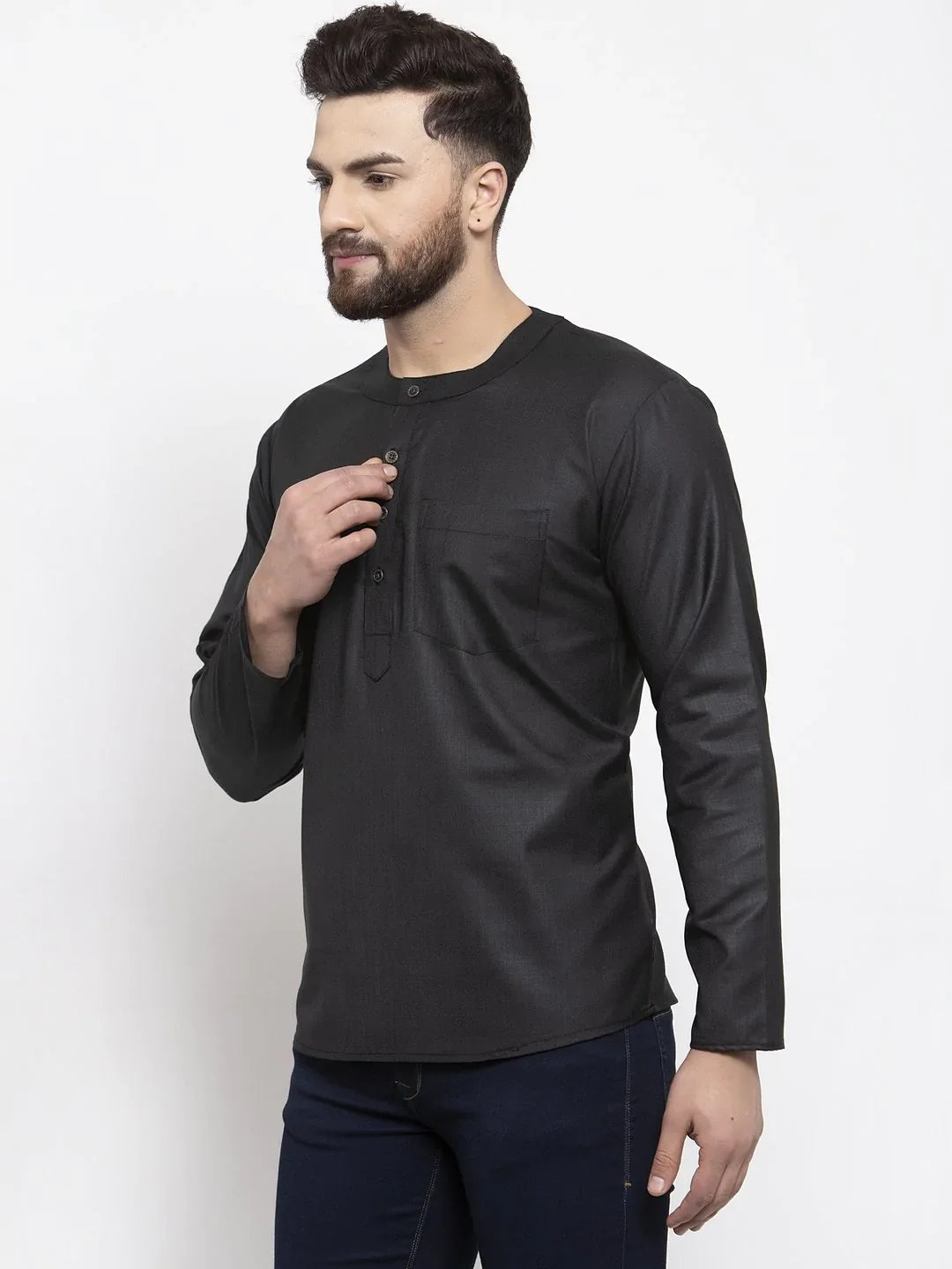Black Cotton Mens Kurta - Straight Short Indian Kurta for Men