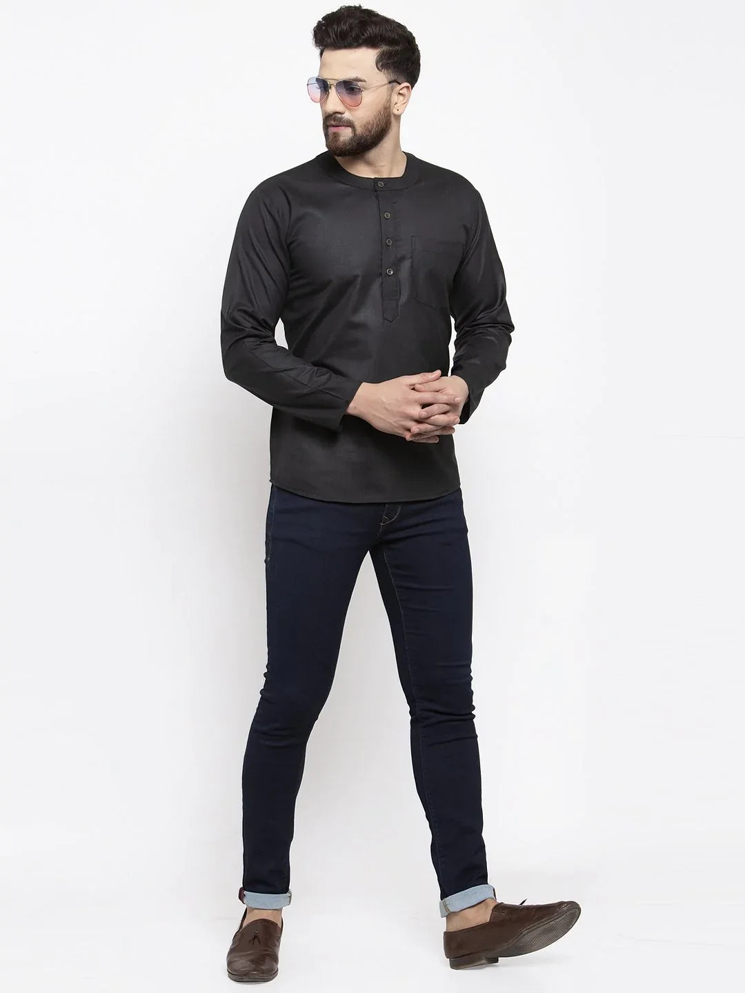 Black Cotton Mens Kurta - Straight Short Indian Kurta for Men