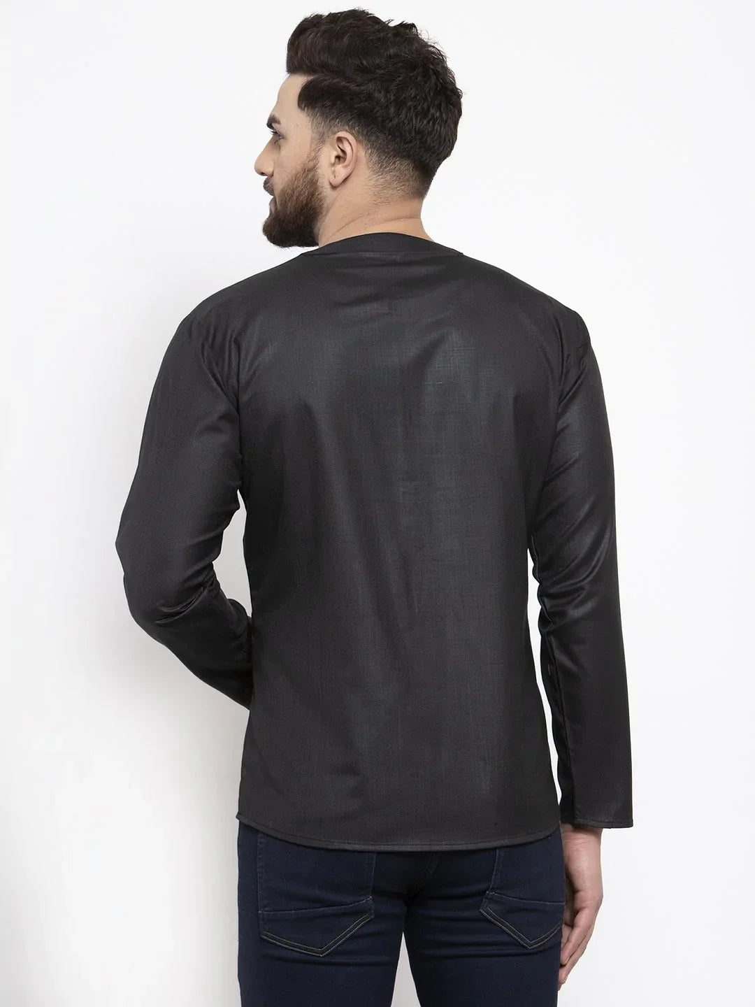Black Cotton Mens Kurta - Straight Short Indian Kurta for Men