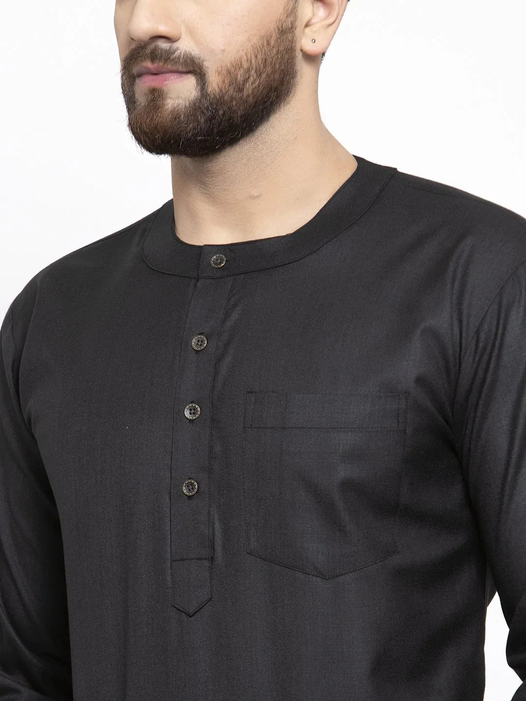 Black Cotton Mens Kurta - Straight Short Indian Kurta for Men