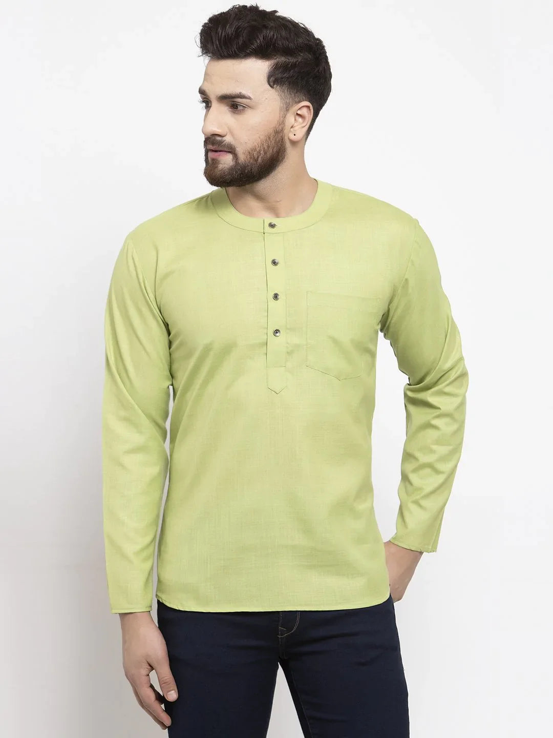 Green Cotton Mens Kurta - Short Indian Kurta for Men Online