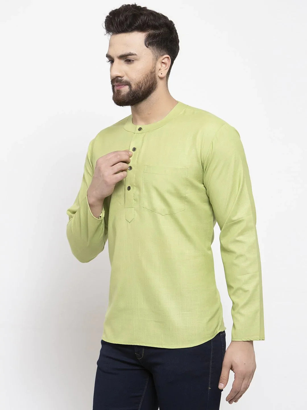Green Cotton Mens Kurta - Short Indian Kurta for Men Online