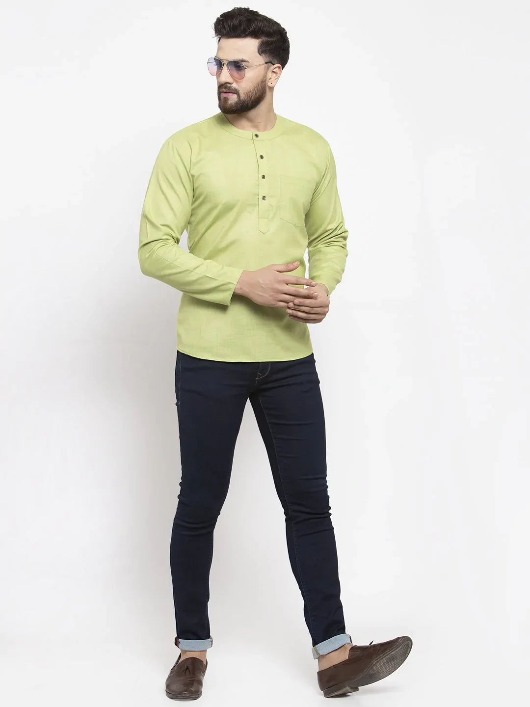 Green Cotton Mens Kurta - Short Indian Kurta for Men Online