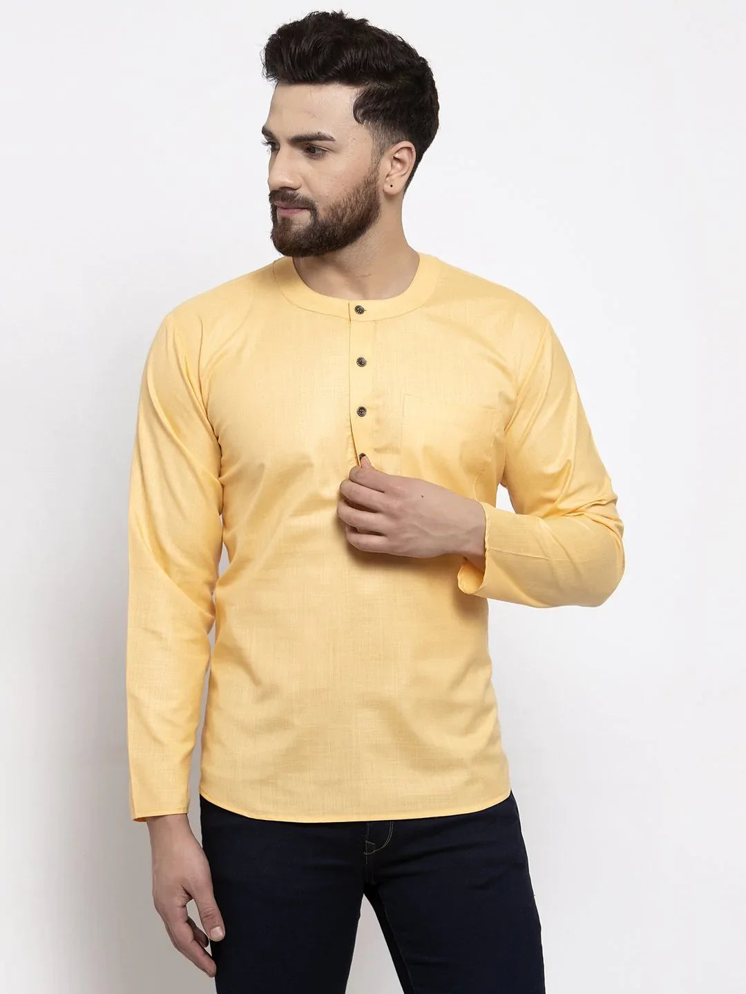 Buy Men's Mustard Cotton Short Kurta - Indian Kurta Collection