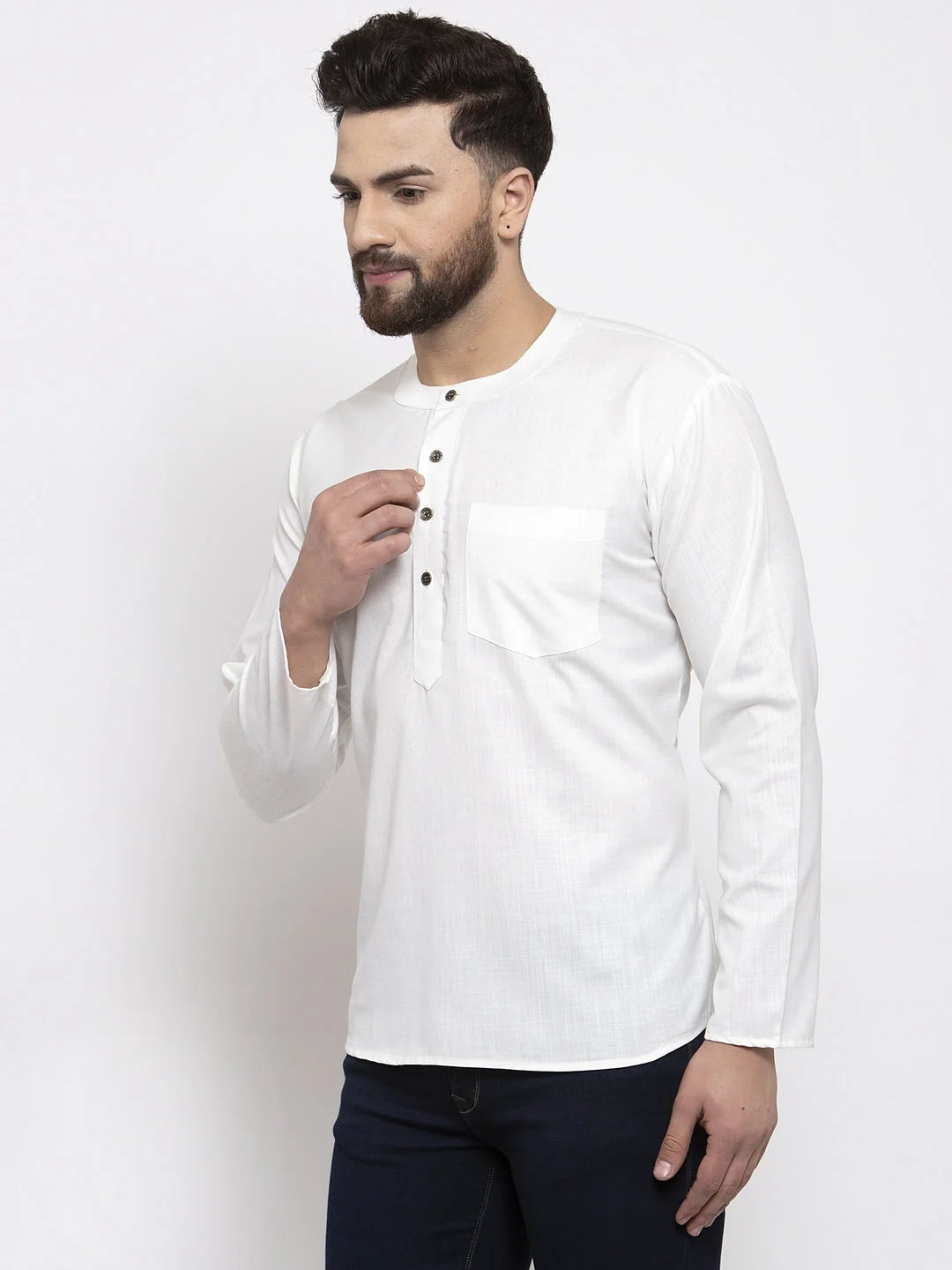 White Cotton Mens Kurta - Solid Indian Kurta for Men