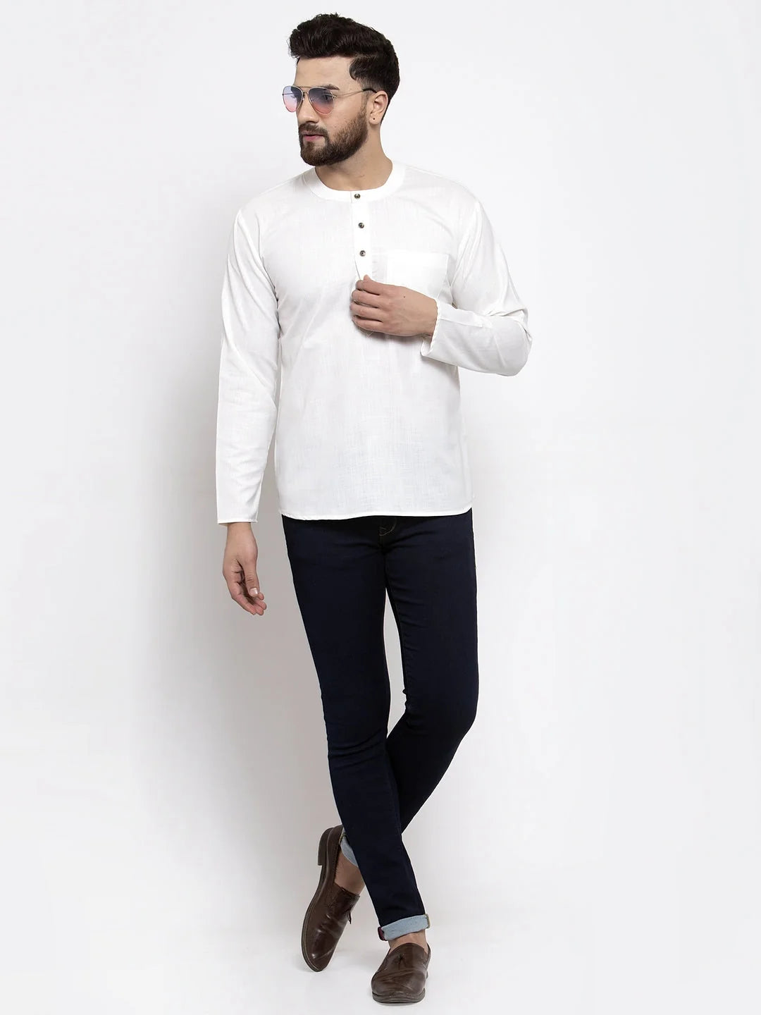 White Cotton Mens Kurta - Solid Indian Kurta for Men