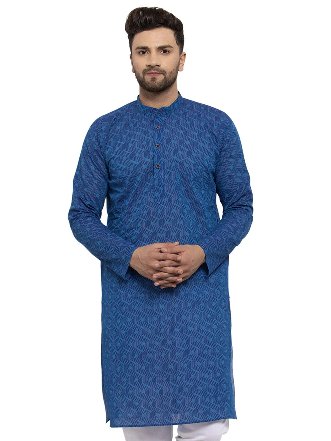 Blue Cotton Printed Men's Kurta | Indian Kurta for Men