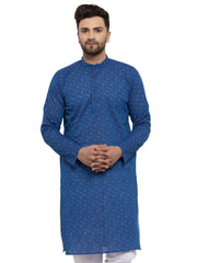 Men's Blue Cotton Printed Kurta Only