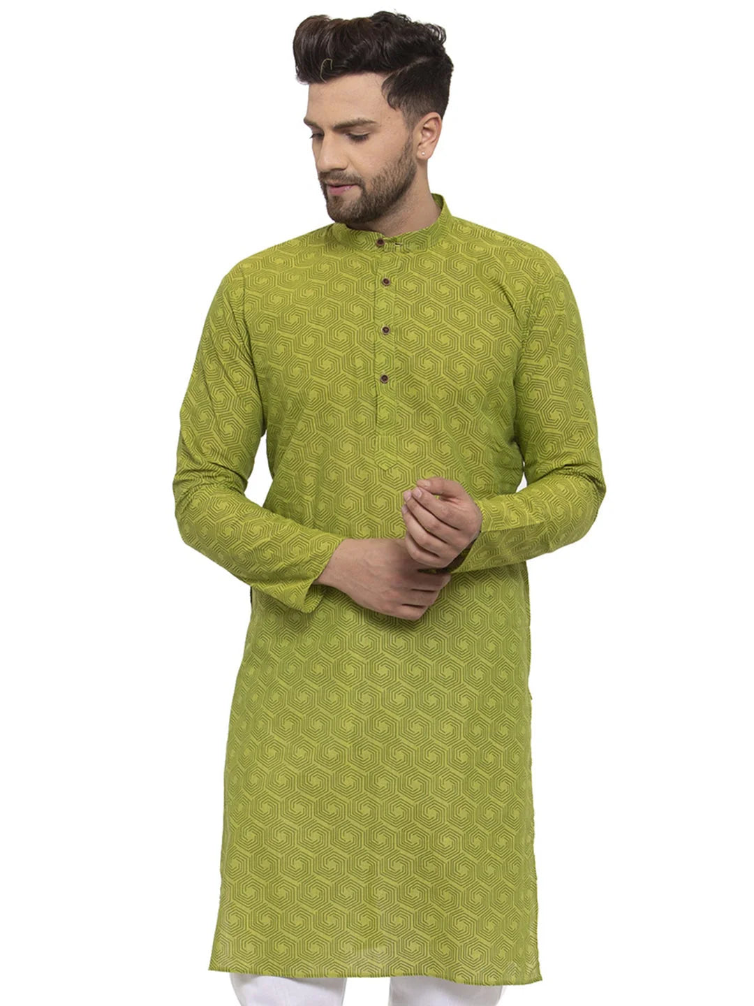 Green Cotton Printed Mens Kurta | Indian Kurta for Men Online