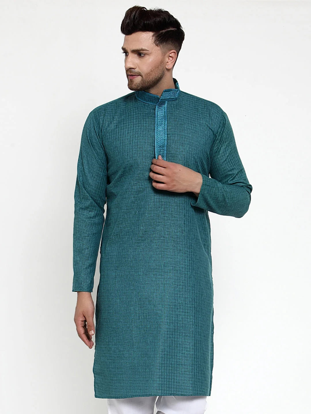 Men's Teal Woven Kurta Only