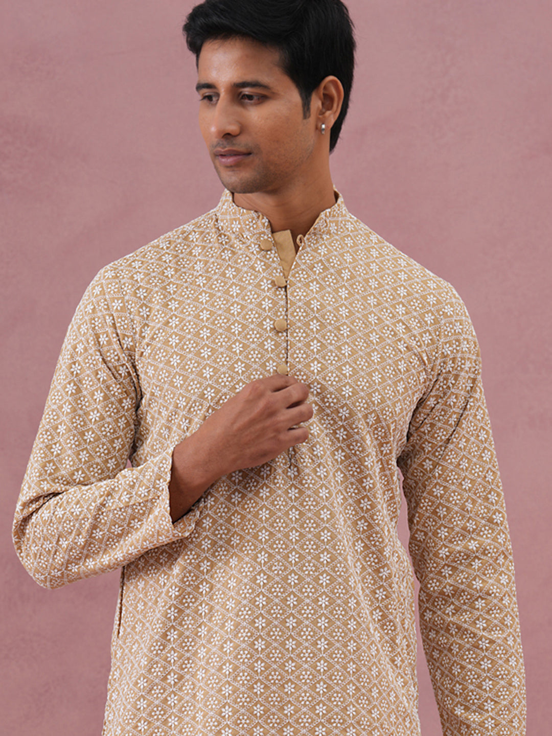 Floral Embroidered Kurta (KO 626 Beige ) [FF] [G-1-5]