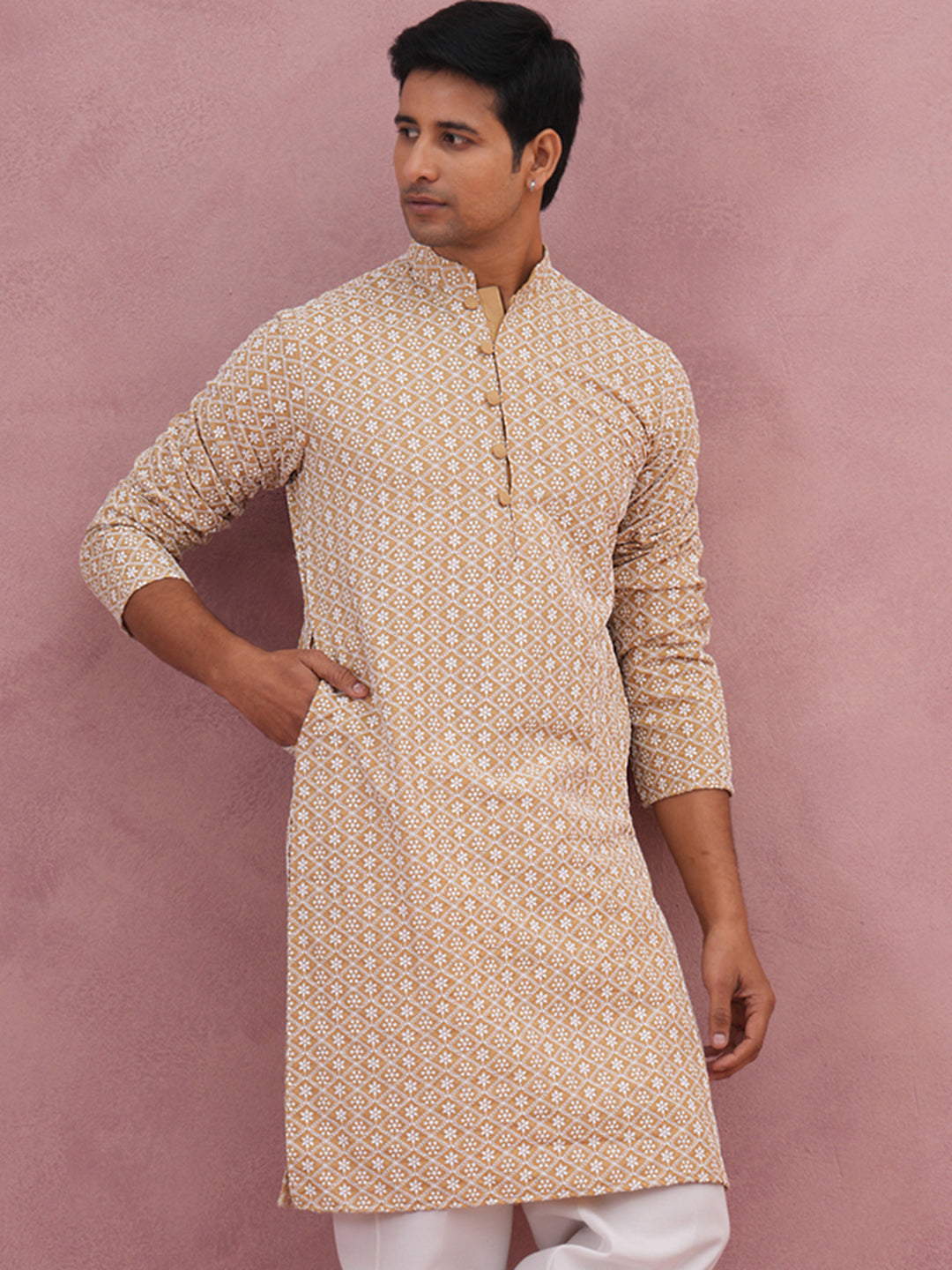 DesiQlo Men Embroidered Kurta Only - Beige - KO_626Beige_S