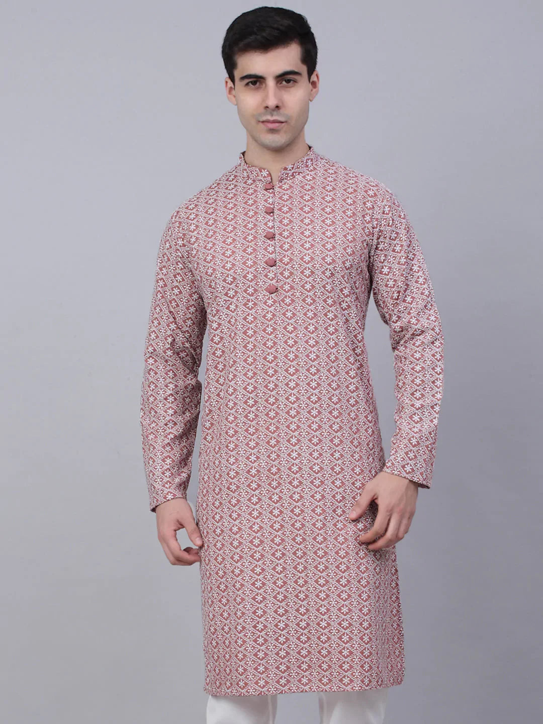 Men's Coral Red & White Embroidered Straight Kurtas ( KO 626 Coral ) [FF] [G-1-5]