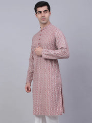 Men's Coral Red & White Embroidered Straight Kurtas ( KO 626 Coral ) [FF] [G-1-5]