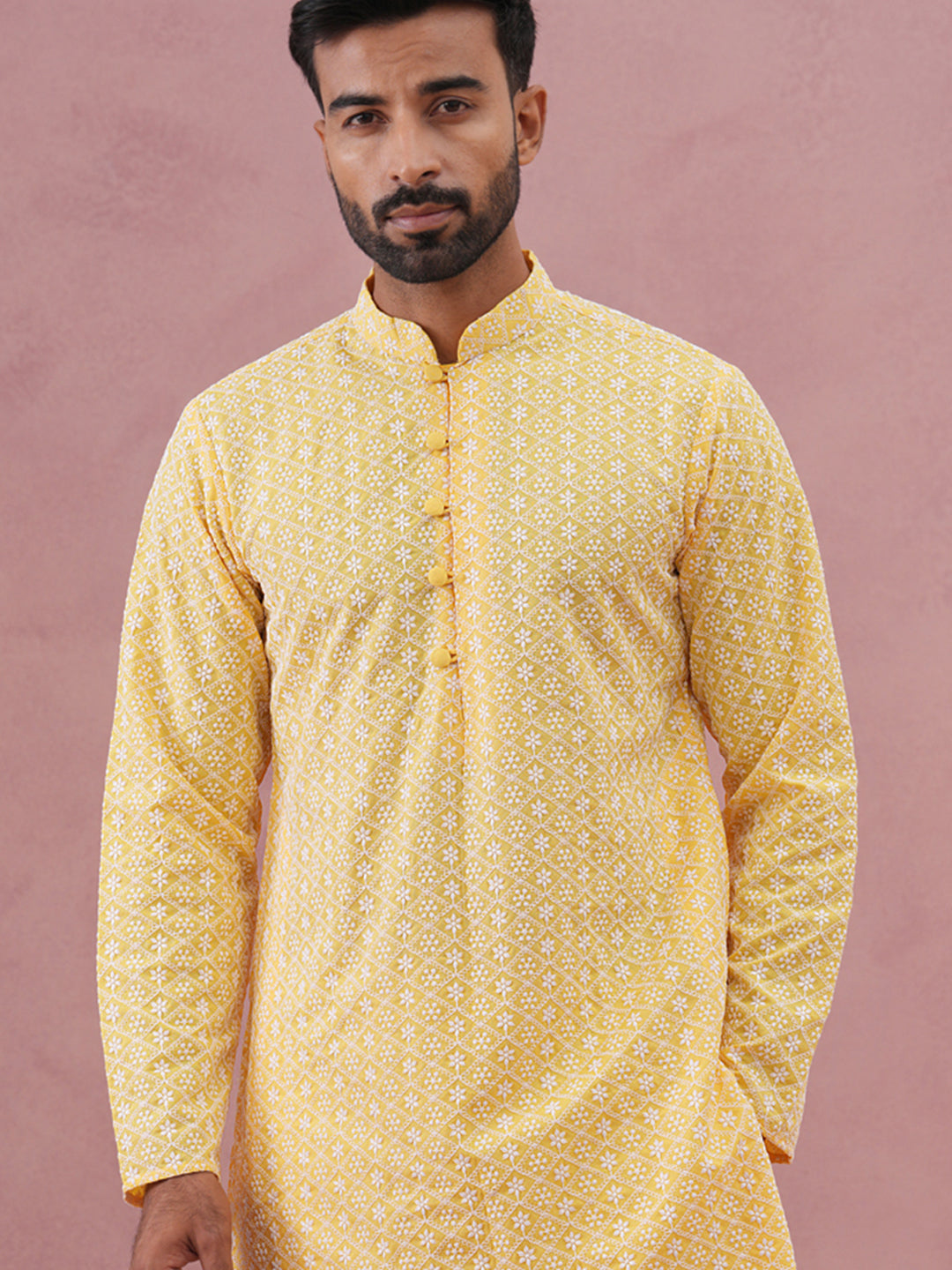 DesiQlo Men Embroidered Kurta Only - Yellow - KO_626Lemon_S