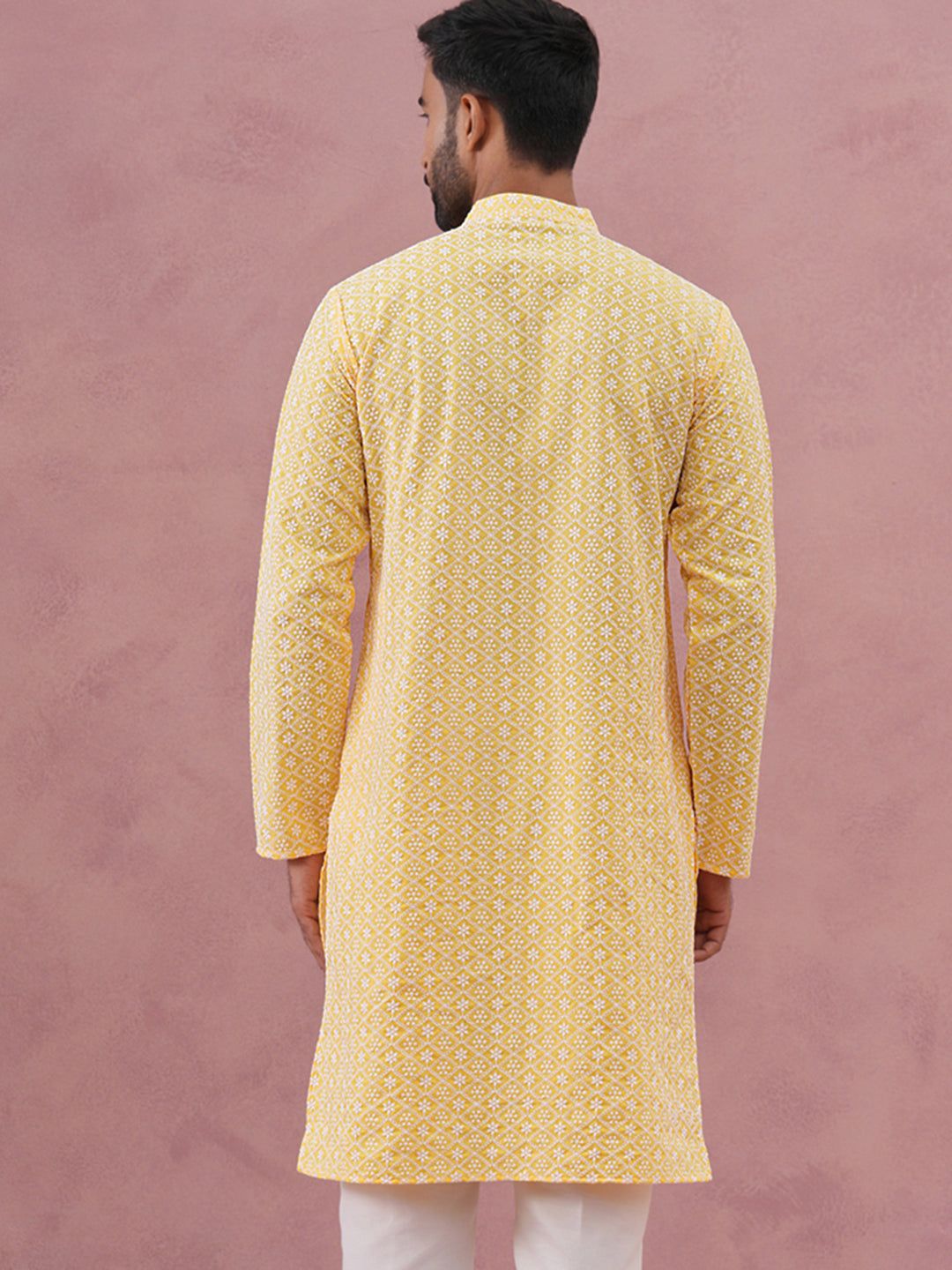 DesiQlo Men Embroidered Kurta Only - Yellow - KO_626Lemon_S