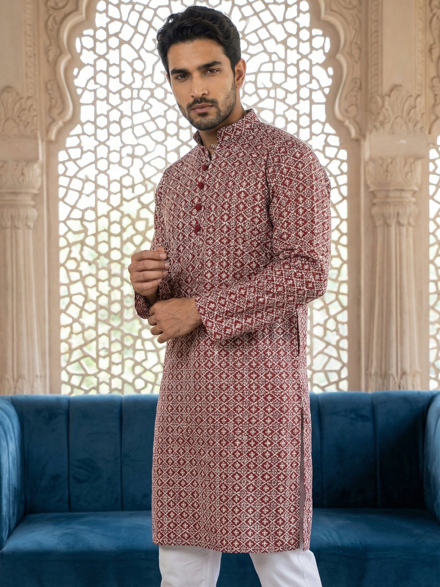 DesiQlo Men Embroidered Kurta Only - Maroon - KO_626Maroon_S