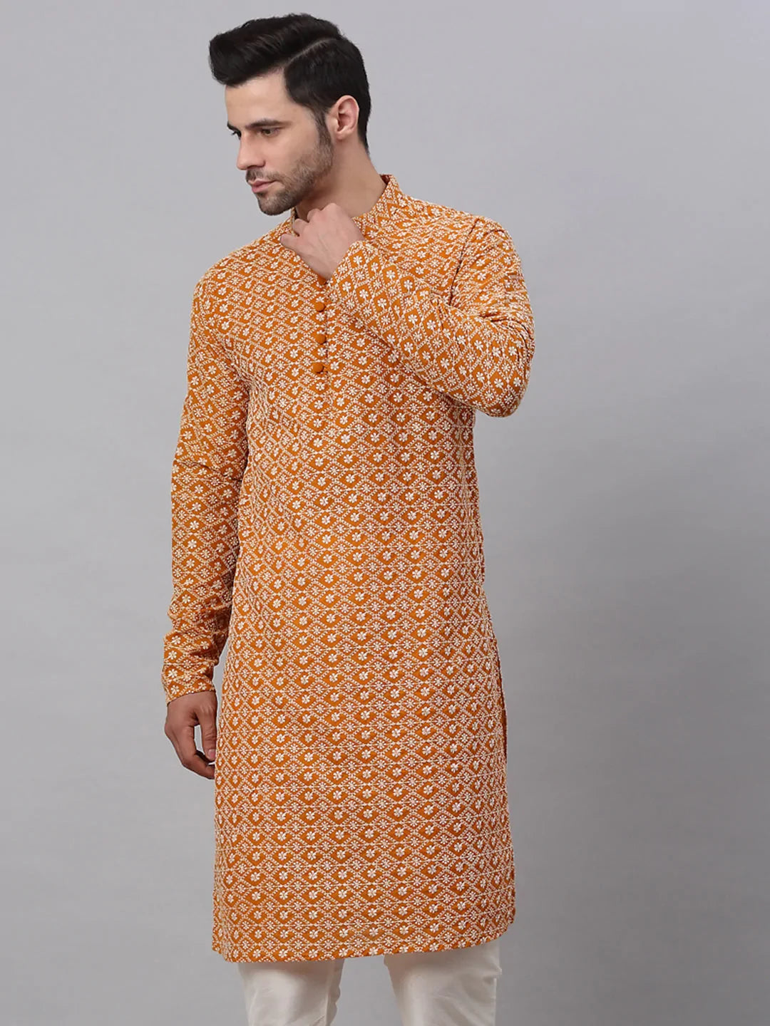 Men's Mustard & White Embroidered Straight Kurtas ( KO 626 Mustard ) [FF] [G-1-5]