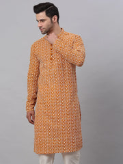 Men's Mustard & White Embroidered Straight Kurtas ( KO 626 Mustard ) [FF] [G-1-5]