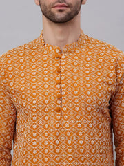 Men's Mustard & White Embroidered Straight Kurtas ( KO 626 Mustard ) [FF] [G-1-5]