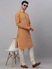 Men's Mustard & White Embroidered Straight Kurtas ( KO 626 Mustard ) [FF] [G-1-5]