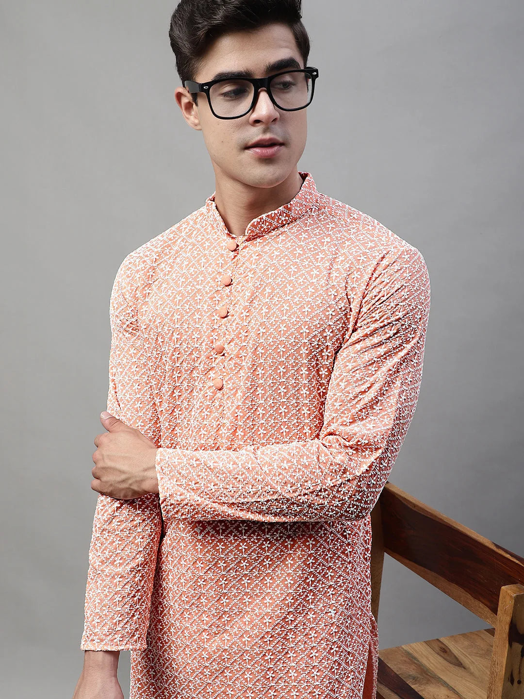 Men's Orange Embroidered Kurta Only