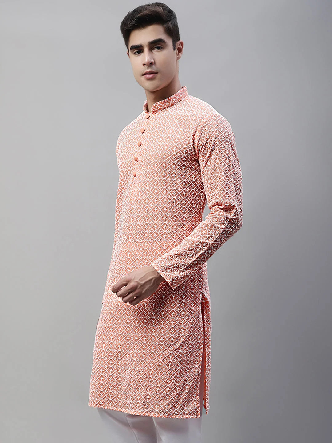 Orange Embroidered Indian Kurta for Men - Mens Kurta