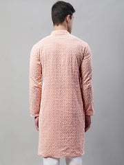 Men's Orange Embroidered Kurta Only