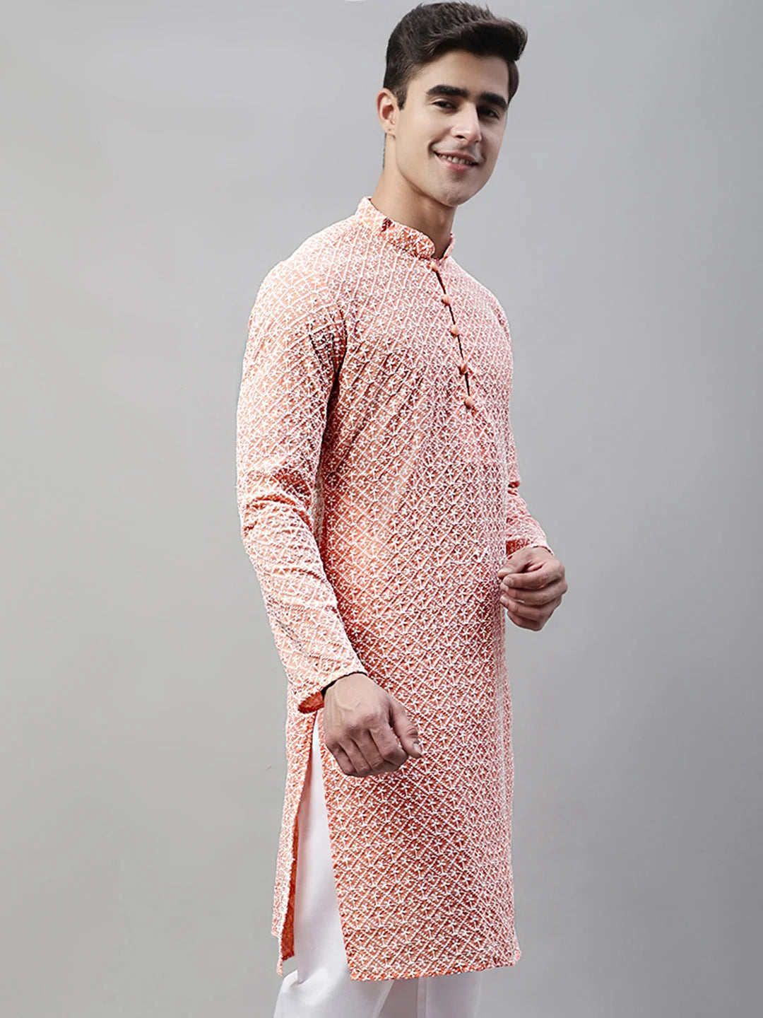 Orange Embroidered Indian Kurta for Men - Mens Kurta