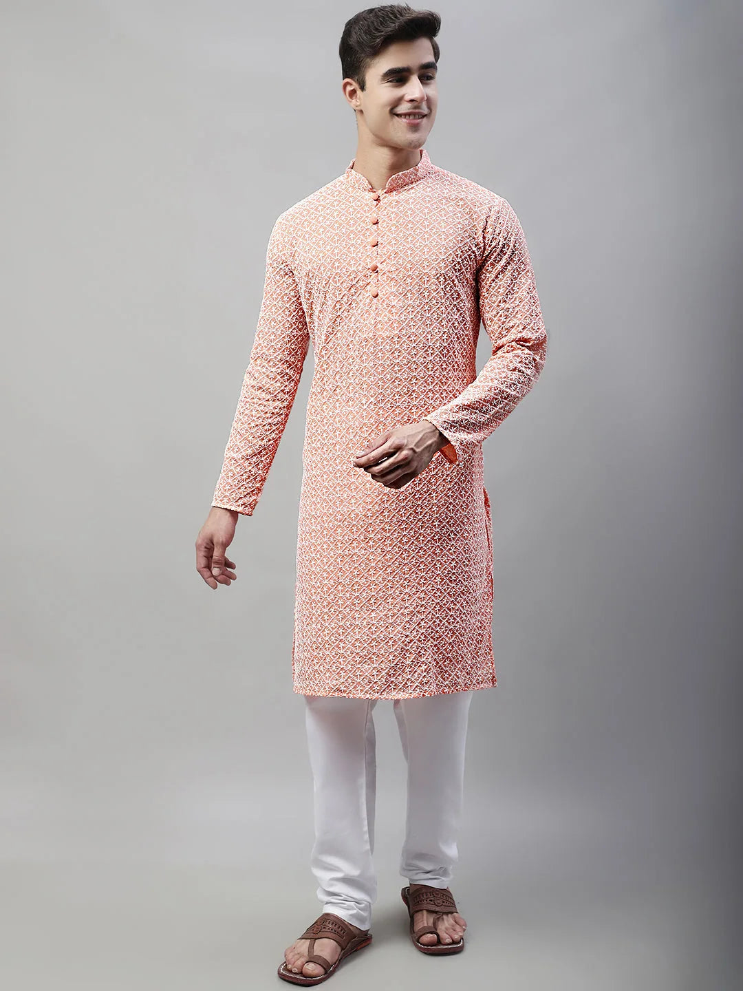 Orange Embroidered Indian Kurta for Men - Mens Kurta