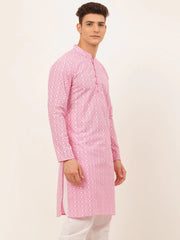 Men's Pink & White Embroidered Straight Kurtas ( KO 626 Pink ) [FF] [G-1-5]