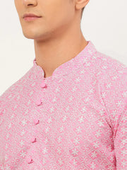Men's Pink & White Embroidered Straight Kurtas ( KO 626 Pink ) [FF] [G-1-5]