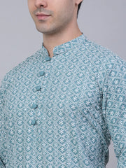 Men's Teal Blue & White embroidered Straight Kurtas ( KO 626 Teal ) [FF] [G-1-5]