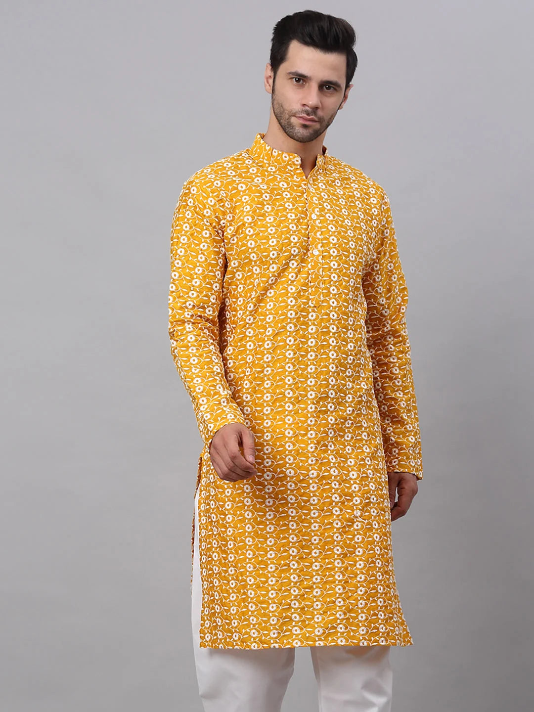Men Mustard Embroidered Dupion Silk Kurtas ( KO 633Mustard )-KO-633