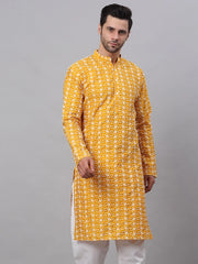 Men Mustard Embroidered Dupion Silk Kurtas ( KO 633Mustard )-KO-633