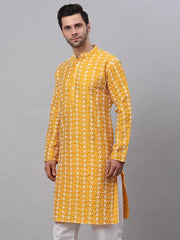 Men Mustard Embroidered Dupion Silk Kurtas ( KO 633Mustard )-KO-633